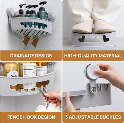 LEVERLOC Corner Shower Caddy Suction Cup, shower shelves suction cup, 2 Pack Basket Powerful Bathroom, Waterproof & Oil-proof Organizer for Kitchen, No-Drilling Removable