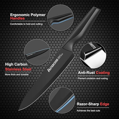 Knife Set, Astercook 21 Pieces Knife Sets for Kitchen with Block, Dishwasher Safe Kitchen Knife Set with Built-in Sharpener, German Stainless Steel Black Knife Block Set, Fathers Day Gift for Men
