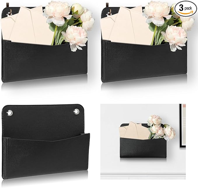 3 PCS Wall Mount PU Leather Mail Holder Black Faux Leather Letter Holder 2 Ring Wall Mail Organizer Stylish Wall Hanging Mail Storage for Flowers Envelope Key Notebooks Home Office Decor