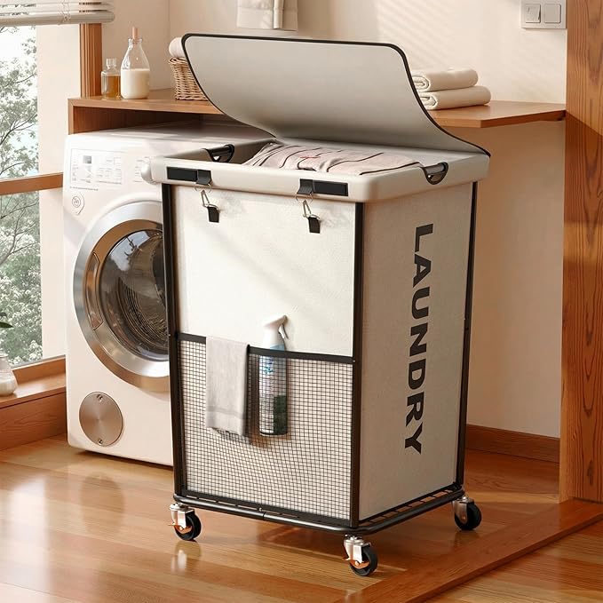 150L Laundry Basket with Wheels, Rolling Laundry Hamper with Cloth Cover, Laundry Cart with Metal Frame & Removable Bag, Large Dirty Clothes Hampers for Bedroom Aesthetic Laundry Room Bathroom, White