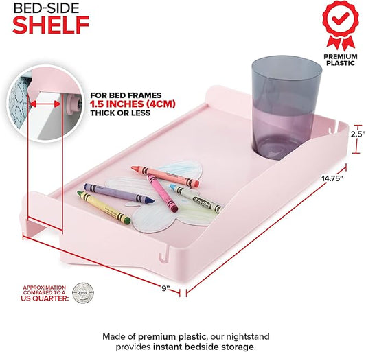 Modern Innovations Bedside Shelf for Bed, College Dorm Room, Bunk Bed Shelf for Top Bunk, Clip On Nightstand, Baby Changing Table Tray, Cup Holder for Kids, Bunkbed Caddy for Table Storage (Pink)