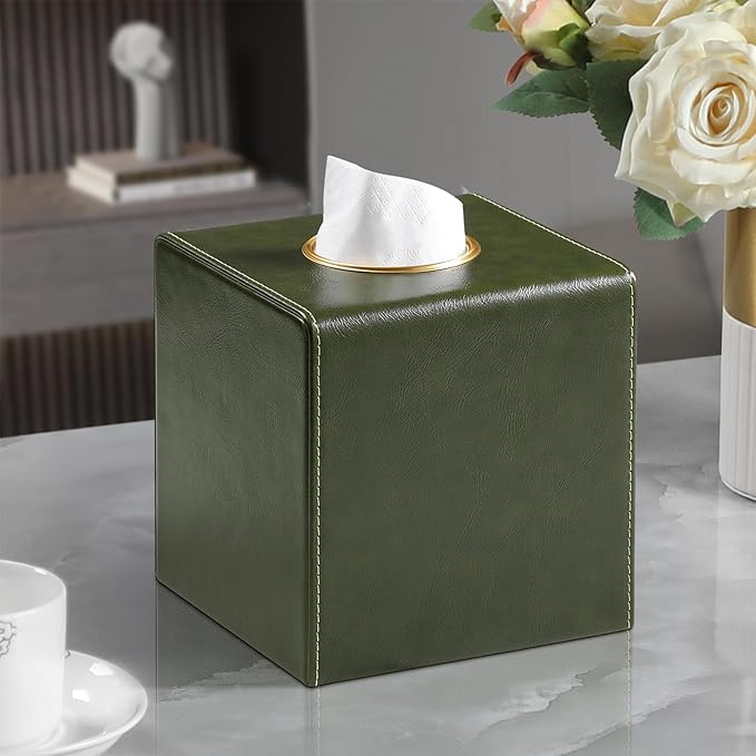 MEIBOOCH Square Tissue Box Cover, Luxury PU Leather Tissue Holder with Magnetic Closure (Dark Green)