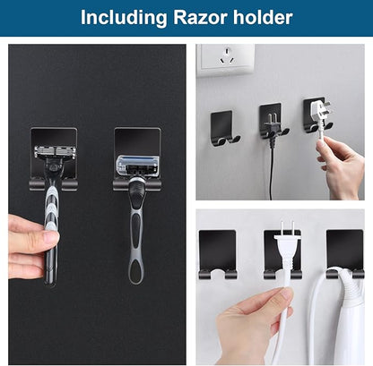 Diesisa Razor Holder 304 Stainless Steel for Shower + Adhesive Sticky Heavy Duty Waterproof Wall Hooks, Premium for Hanging Towels, Coat, hat (2+2 Pack) - Black