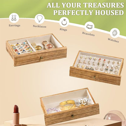 Jewelry Box Organizer, Rustic Wooden Jewelry Boxes for Women Girls, Large Storage Earring Holder Organizer Display for Earrings Necklaces Rings Bracelets (Rustic Brown)