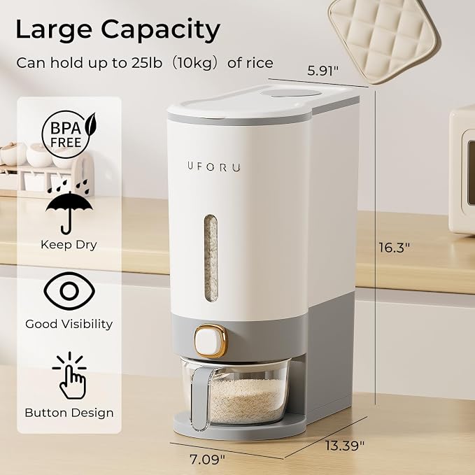UFORU Rice Dispenser, Rice Storage Container with Measuring Cup for Kitchen Pantry Household, Cereal Dry Food Storage Containers Airtight, Sealed Moisture Proof, (Gray 22 Lbs)
