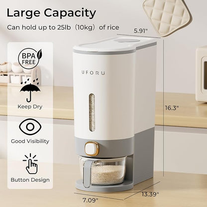 UFORU Rice Dispenser, Rice Storage Container with Measuring Cup for Kitchen Pantry Household, Cereal Dry Food Storage Containers Airtight, Sealed Moisture Proof, (Gray 22 Lbs)