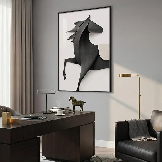 Framed Modern Black and White Horse Wall Art, Contemporary Animal Prints Paintings Artwork for Walls, Minimalist Elegant Horse Pictures for Living Room Dining Bedroom Home Office Wall Decor 24x36 In