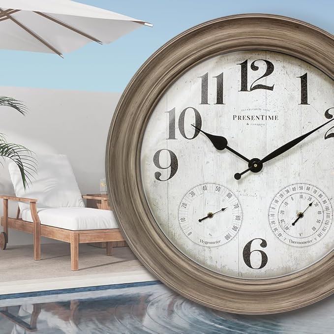 Presentime & Co. 26" Clifton in/Outdoor Farmhouse Clock with Thermometer & Hygrometer as All in One Weather Station, Farmhouse Wall Art and Timepiece for Home Decoration, Light Grey Oak Finish