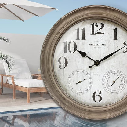 Presentime & Co. 26" Clifton in/Outdoor Farmhouse Clock with Thermometer & Hygrometer as All in One Weather Station, Farmhouse Wall Art and Timepiece for Home Decoration, Light Grey Oak Finish