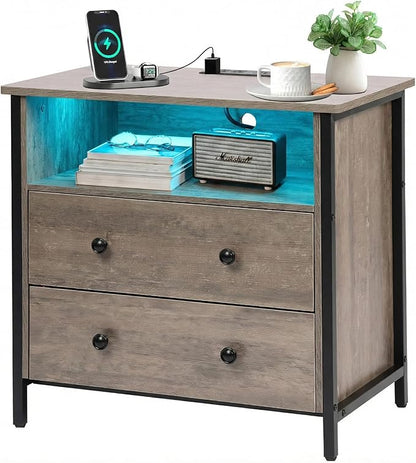 27 Inch Wide Night Stand, Large Wood Night Stand with 2 Drawers, LED Nightstand with Charging Station and Adjustable Drawer, Bedside Table for Living Room/Bedroom/Study/Office, Gray.