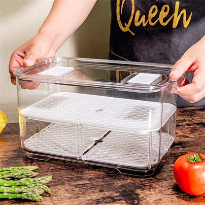 Slideep 9'' Food Storage Containers, 2 Tier Stackable Fridge Produce Saver with Lids, Removable Drain Tray Drawers Refrigerator Produce Keeper with Strainer for Veggie, Berry, Fruits, Vegetables