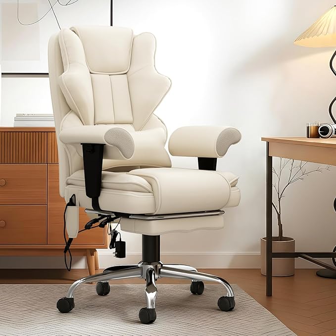7-Point Massage Office Chair,Heated Manageral Chair,Ergonomic Executive Chair with Footrest,Adjustable Armrest，Computer Chair for Offices, Study Areas, Gaming Spaces,Beige