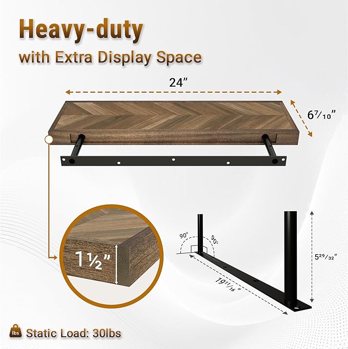 Howizz 24" Acacia Chevron Floating Shelves Set of 2 - Wall Mounted Wooden Shelf for Stylish Home Décor - Walnut Color - 24x6.7x1.5 Inches