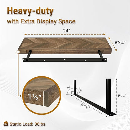Howizz 24" Acacia Chevron Floating Shelves Set of 2 - Wall Mounted Wooden Shelf for Stylish Home Décor - Walnut Color - 24x6.7x1.5 Inches