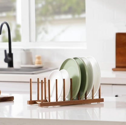 HBlife 2pcs Acacia Wooden Dish Dying Rack Pot Lid Plate Organizer Holder for Cabinet, Cutting Board Stand Drainer Storage Plate Rack for Dish, Pot Lid, Bowl, Cup, Cutting Board and Books