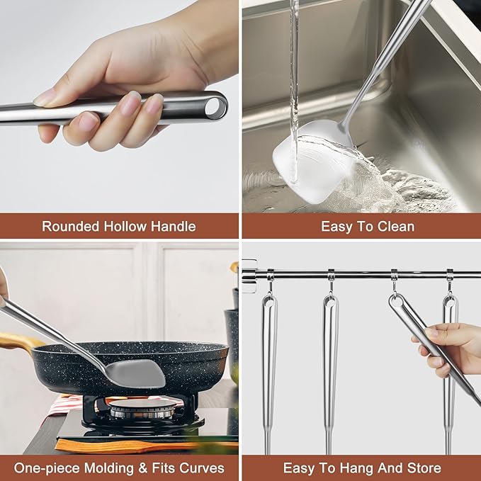 18 10 Stainless Steel Cooking Utensils Set, 10pcs Long Metal Kitchen Utensils Set Come with Spoon, Fork, Spatula, Ladle, Skimmer, Turner, Pasta Server(13-14inch)