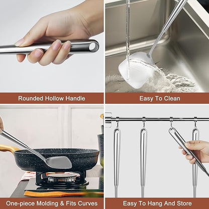 18 10 Stainless Steel Cooking Utensils Set, 10pcs Long Metal Kitchen Utensils Set Come with Spoon, Fork, Spatula, Ladle, Skimmer, Turner, Pasta Server(13-14inch)