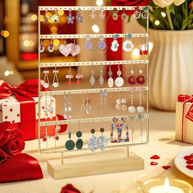 Earring Holder Organizer, 5-Tier Earring Organizer with 60-Pair Capacity, Wooden Base Metal Earring Display, Jewelry Storage & Display for Home Store, Suitable for Women