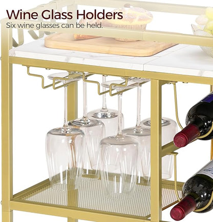 Bar Cart for Home, 3-Tier Serving Cart with Wheels and Handle, Beverage Cart with Wine Rack and Glass Holders, Rolling Wine Cart for Kitchen, Dining Room, Gold and White RCJM6101