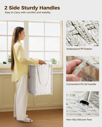 Greenstell Laundry Hamper with Wheels, No Install Needed, 90L Divided Handwoven Hampers & 2 Removable Liner Bags, Rattan Clothes Laundry Basket with Lid & Handles, Foldable Hampers White