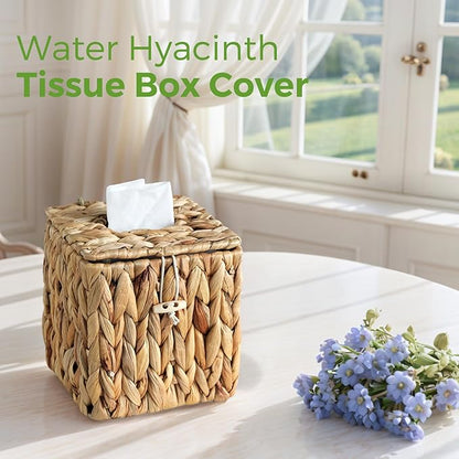 Rattan Tissue Box Cover with Lid, Wicker Tissue Box Holder Square, Hand Woven Cube Tissue Box Cover Tissue Holder for Bathroom Living Room Kitchen Office, Natural