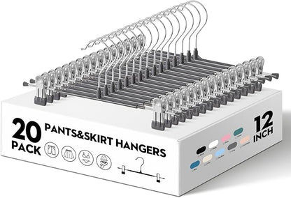 Pants Hangers with Clips 20PACK Adjustable Skirt Hangers for Women Metal Non-Slip Trousers Hanger Heavy Duty Space Saving Clothes Hanger for Shorts,Jeans,12Inch Gray