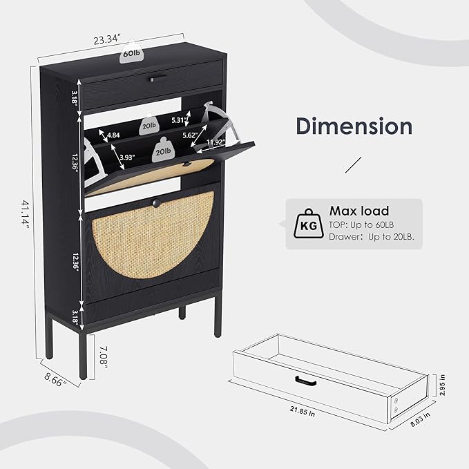 Yechen Shoe Rack Storage Organizer with 2 Natural Semi-Circular Rattan Doors, Entryway Wooden Shoe Cabinet for Sneakers, Leather Shoes, Heels, Slippers (Black)