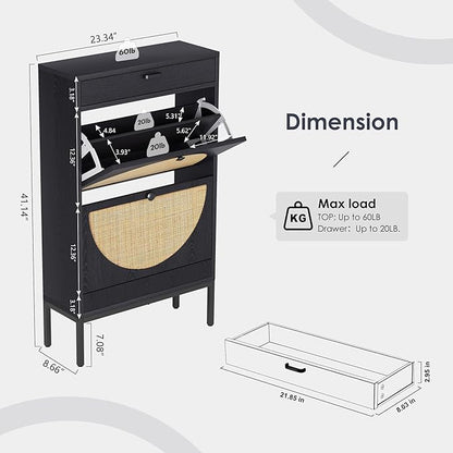 Yechen Shoe Rack Storage Organizer with 2 Natural Semi-Circular Rattan Doors, Entryway Wooden Shoe Cabinet for Sneakers, Leather Shoes, Heels, Slippers (Black)
