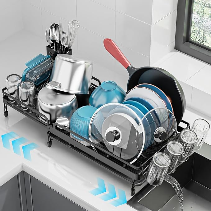 GSlife Large Expandable Dish Drying Rack for Kitchen Counter - Adjustable Dish Drainer with Pans Slots, Rust-Resistant Dish Rack with Utensil Holder and Drainboard, 16.5"-24.4" L x 12.6" W Black