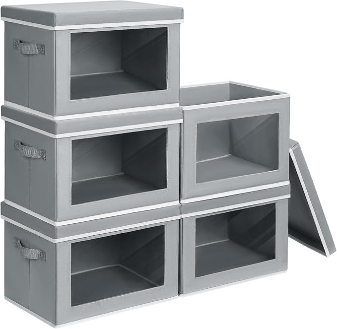 Homsorout Large Storage Bins with Lids - Stackable Cube Bins for Closet, 5 Pack Clear Windows Fabric Organizer Bins, Home Organizers and Storage for Clothes, CD, Towels, Grey