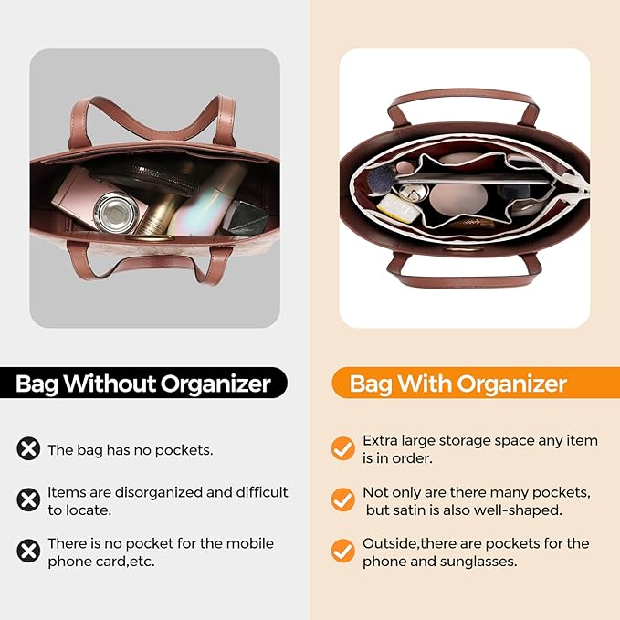 SDANG Purse Organizer Insert with Zipper – Pink Handbag & Tote Bag Organizer | Bag-in-Bag Insert with Pockets for Purses, Totes & Travel(Brown,Large 30)