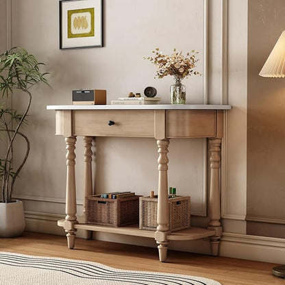 HMFULE Retro Curved Console Table, 36" Solid Wood Half Moon Console Table Sofa Table Entryway Table with 1 Drawer 1 Open Shelf Roman Legs Curved Corners for Living Room,Entryway,Hallway,White+Beige