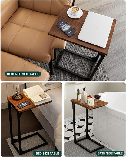 C-Shaped Side Table for Couch - Small Coffee Stand Sofa Tray Desk with Metal Frame and Waterproof Scratch Resistant, Modern End Accent for Living Room, Bedroom, Small Spaces, Rustic Walnut