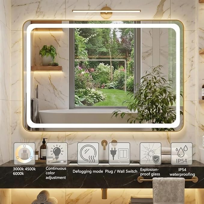 Led Bathroom Mirror with Lights, Anti-Fog & Tri-Color Lighting - Wall Mounted Shaving Mirror with Touch Sensor, Waterproof Smart LED Vanity Mirror Tempered Glass Dimmable 60" x 40"