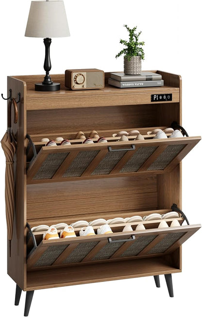 ChooChoo Shoe Storage Cabinet with 2 Flip Drawers, Deodorizing Shoe Organizer Storage for Entryway, Freestanding Hidden Slim Narrow Shoe Rack Cabinet, Rustic Oak