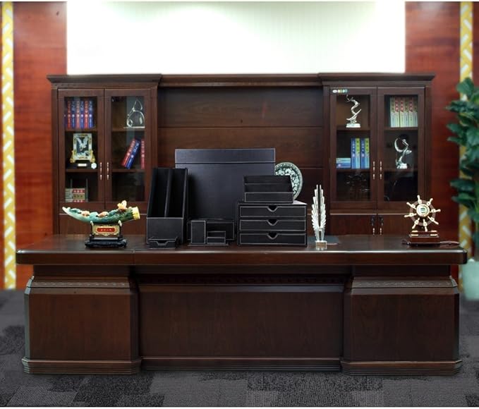KINGFOM 7-Piece Desk Organizer Set for Home & Office, Includes File Holder, Tissue Box Cover, Desk Pad, Note Paper Holder, Pen Holder, Black