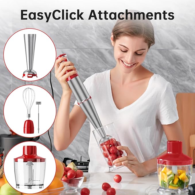 Turelar Immersion Blender Handheld Corded Hand Blenders Set 1100W, Trigger Variable Speed 5 in 1 Stick Emulsifier with Chopper, Whisk and Frother for Soup, Baby Food and Smoothies, Christmas red