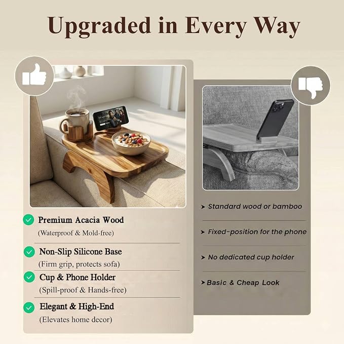Couch Armrest Table, Acacia Wood Sofa Arm Tray with 360° Rotating Phone & Cup Holder, Clip-On Arm Rest Table for Couch, Anti-Slip Tray for Snacks & Drinks, for Men Dad, 15.4" x 9.8"