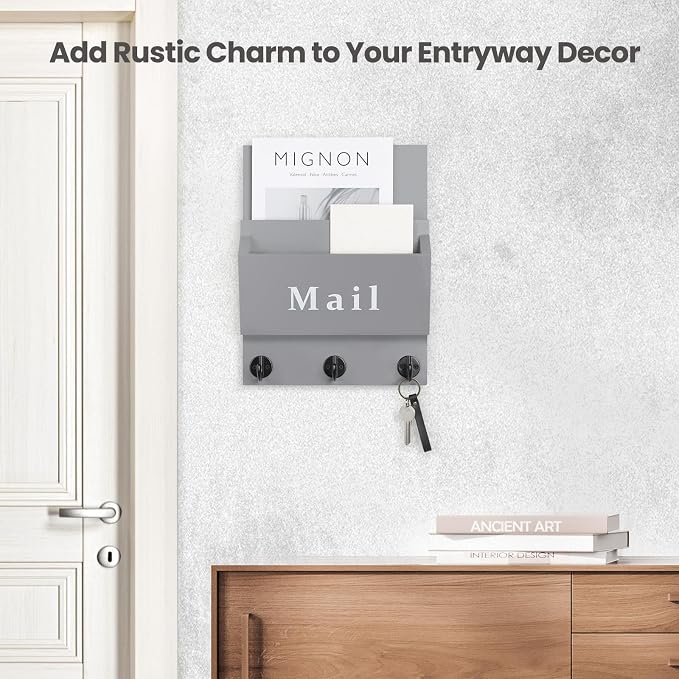 Mail and Key Holder - Decorative 8.86" x 11.42" Wall Key Hanger with 2 Mail Organizer Slots and 3 Hooks - Real Paulownia Wood with Keyhole Brackets, Hardware and Instructions (Gray)