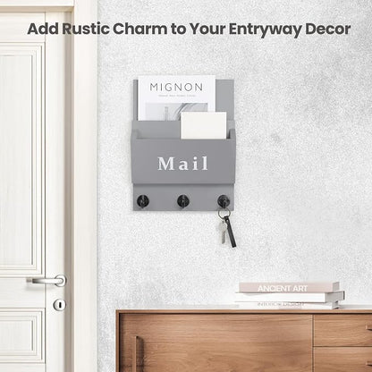 Mail and Key Holder - Decorative 8.86" x 11.42" Wall Key Hanger with 2 Mail Organizer Slots and 3 Hooks - Real Paulownia Wood with Keyhole Brackets, Hardware and Instructions (Gray)