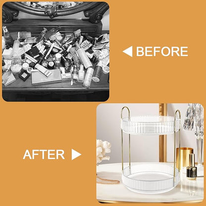 Clear 2-Tier Perfume Stand, 360° Rotating Plastic Vanity Organizer for Perfumes, Cosmetics & Skincare, Large Capacity Bathroom/Bedside Counter Storage Holder (Transparent)