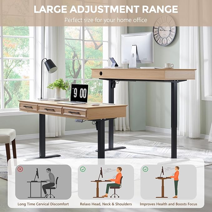 Electric Standing Desk with 3 Storage Drawers, 55x22 Inch Adjustable Height Office Computer Desk w/One-Piece Desktop & Power Outlets,Sit to Stand Up,Gaming Table for Study and Home, Natural Oak