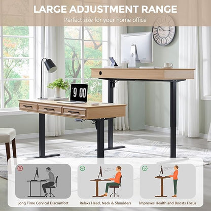 Electric Standing Desk with 3 Storage Drawers, 55x22 Inch Adjustable Height Office Computer Desk w/One-Piece Desktop & Power Outlets,Sit to Stand Up,Gaming Table for Study and Home, Natural Oak