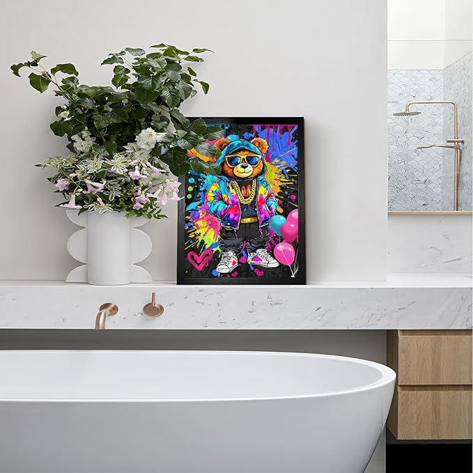 Graffiti Bear With Hands In Pockets And A Gold Chain For Bathroom Wall Decor Framed Cute Animal Wall Decor For Bathroom Washroom Restroom Decor Rustic Humor Wall Poster (Black Framed) 12x18 Inch