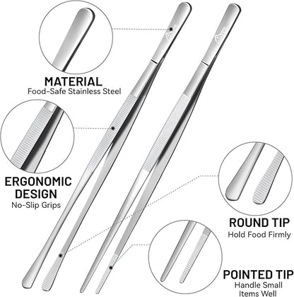HOTEC Kitchen Tweezers Tongs Stainless Steel Professional Chef Tweezers, Set of 2-12inch Extra-Long Food Tongs for Cooking,Grill and Baking
