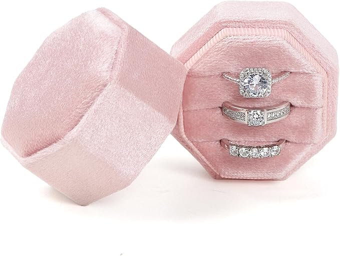 Velvet Ring Box, 3 Slots Wedding Ring Box, Vintage Octagon Premium Jewelry Display Holder Gift Box with Detachable Lid for Engagement Wedding Box Keepsake Box Bridal Photo
