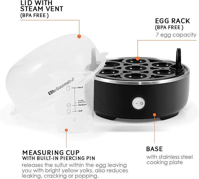 Elite Gourmet EGC115B Easy Egg Cooker Electric 7-Egg Capacity, Soft, Medium, Hard-Boiled Egg Cooker with Auto Shut-Off, Measuring Cup Included, BPA Free, Classic Black