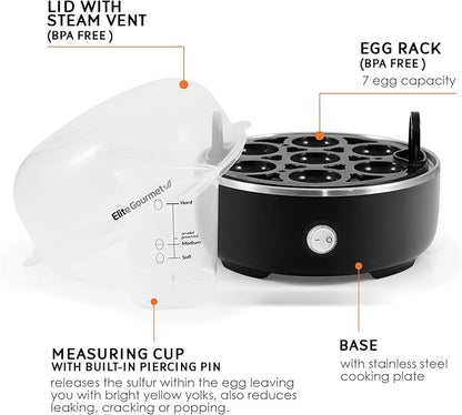 Elite Gourmet EGC115B Easy Egg Cooker Electric 7-Egg Capacity, Soft, Medium, Hard-Boiled Egg Cooker with Auto Shut-Off, Measuring Cup Included, BPA Free, Classic Black