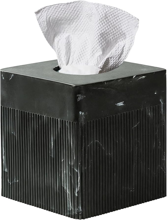 Tissue Box Cover Square Resin Tissue Holder for Home Decor, Hand Poured Marble Tissue Box Holder, 5 x 5 x 5.5 inches, Black