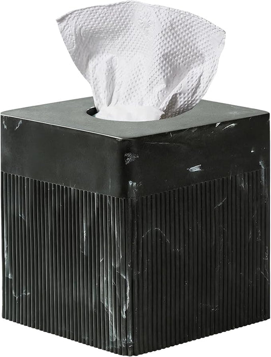Tissue Box Cover Square Resin Tissue Holder for Home Decor, Hand Poured Marble Tissue Box Holder, 5 x 5 x 5.5 inches, Black